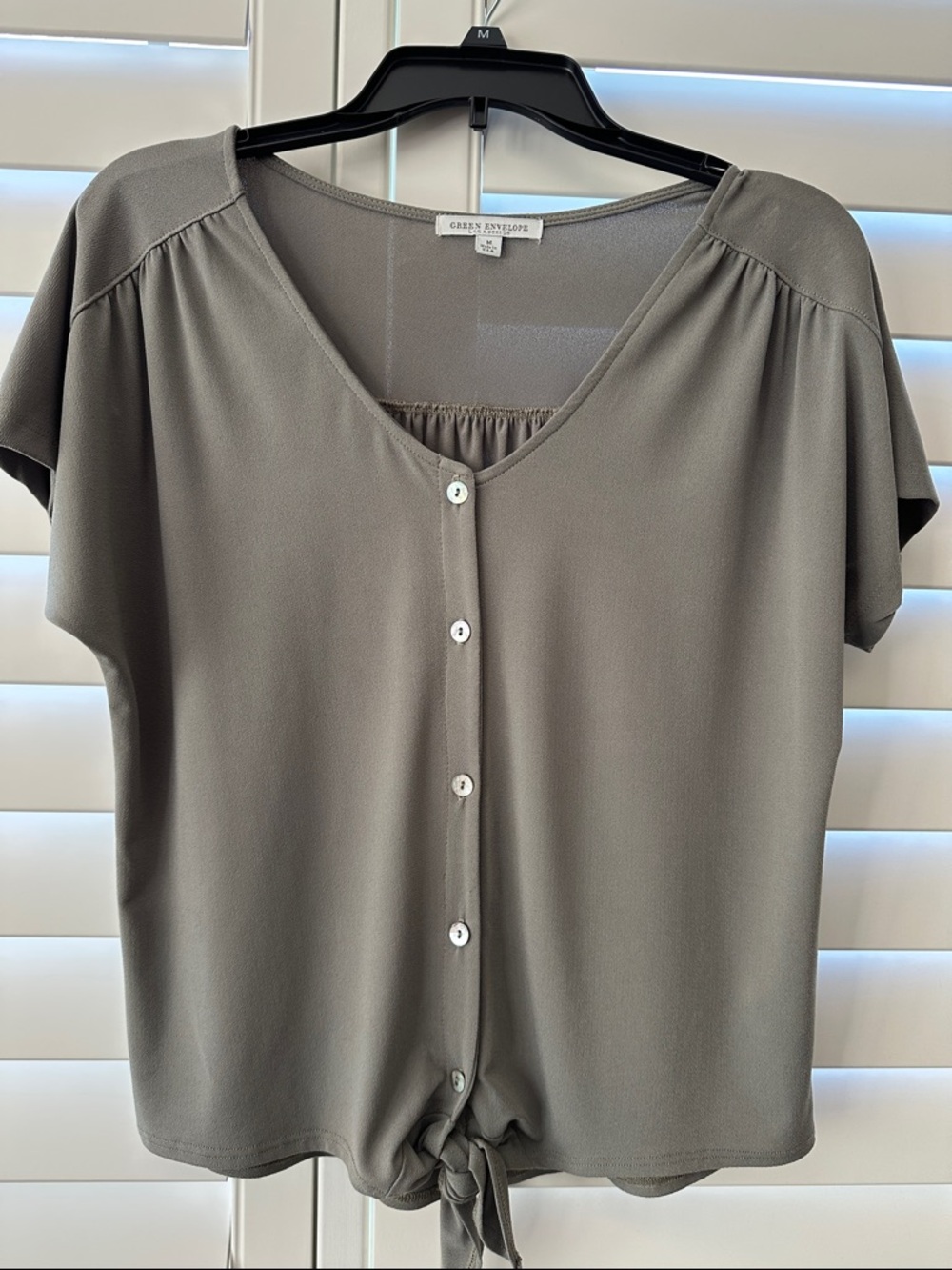 Green Envelope Sage Green Button-Front Tie Hem Top